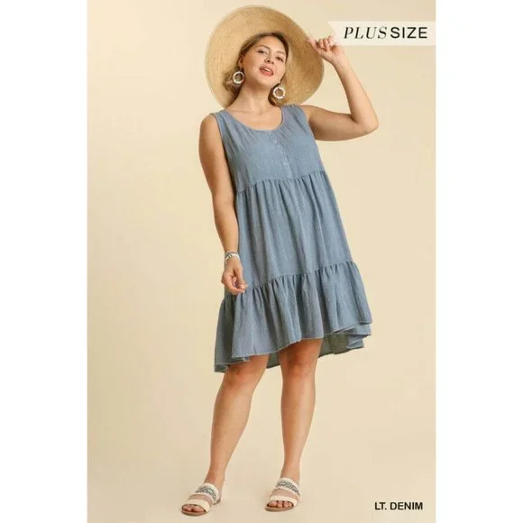 Umgee Plus Size Light Denim Washed Button Front Sleeveless Tiered Dress - Picture 2 of 5